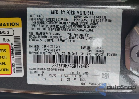 2016 Ford Fusion Se из США, поврежденный, VIN 3FA6P0H74GR126482